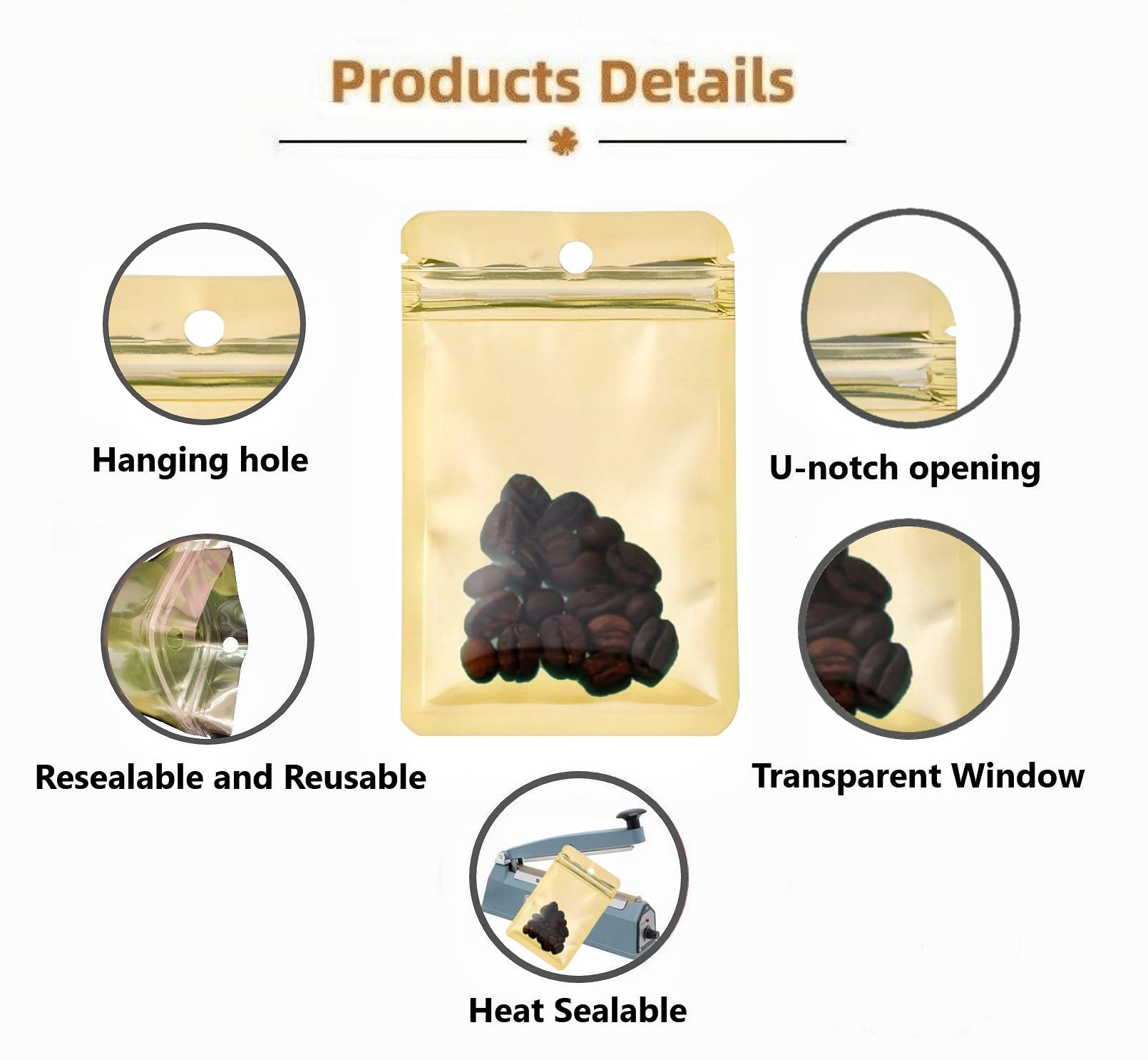 Rimiko 100pcs Reusable Metallic Yellow 3.1"x5.1" Polyethylene Plastic Pouch Resealable Zipper Mylar Bags with Hanging Hole - Image 4