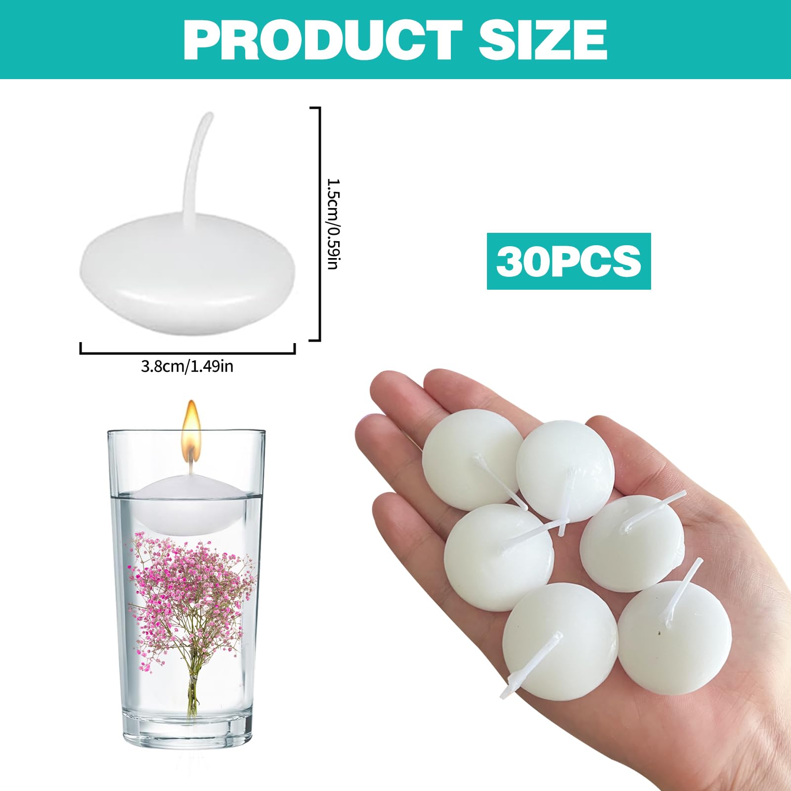 30Pcs Round Floating Candles Set, Unscented Small Floating Water Candles, White Burning Candle - Image 2