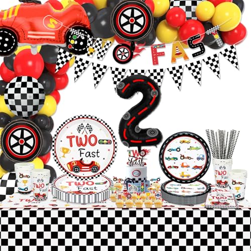 XJLANTTE 186 peças de duas decorações de carros de corrida rápida: balões de carros de corrida, banners, pratos, guardanapos, canecas, decoração de bolos, serve para 20 convidados (dois jogos rápidos)