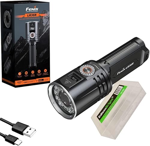 Fenix LR36R Linterna de búsqueda y rescate de haz largo LEP de 10000 lúmenes con portador de cable de carga EdisonBright