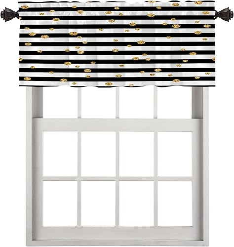 Cenefas de cocina con rayas abstractas negras para ventanas, cenefas opacas con purpurina dorada de poliéster multicapa para cocina y dormitorio, 1