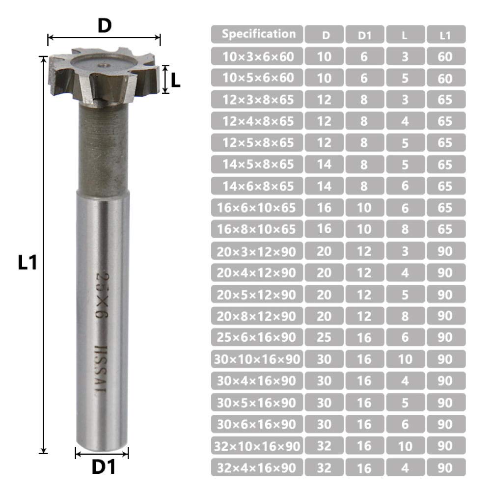 Fraise à rainure en T 10 12 14 16 20 25 30 32mm fraise en acier à grande vitesse pour outil de fraises en métal de dureté-16x8x10x65