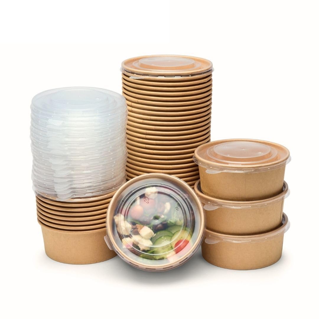London Coffee Cups 750ml / 26oz Kraft Round Takeaway Containers with Lids, Disposable Paper Salad Bowls for Poke, Hot Food, Catering and Meal Prep, 145 x 145 x 60 mm, Pack of 200
