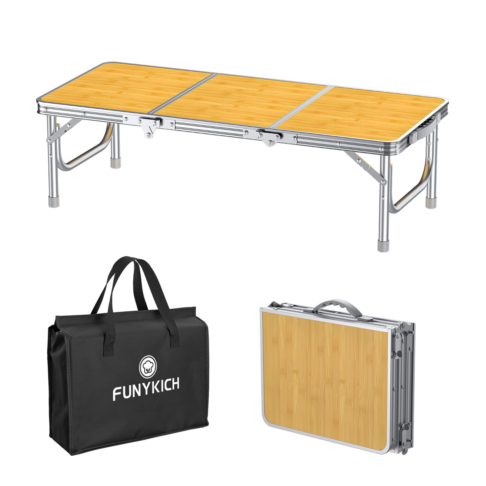 FUNYKICH 3ft Low Folding Picnic Table(87x40x26cm), Thicker Aluminum Legs Beach Table with Handle & Carry Bag, Lightweight Small Camping Table for Picnic Beach Camping Party, Yellow — image 1