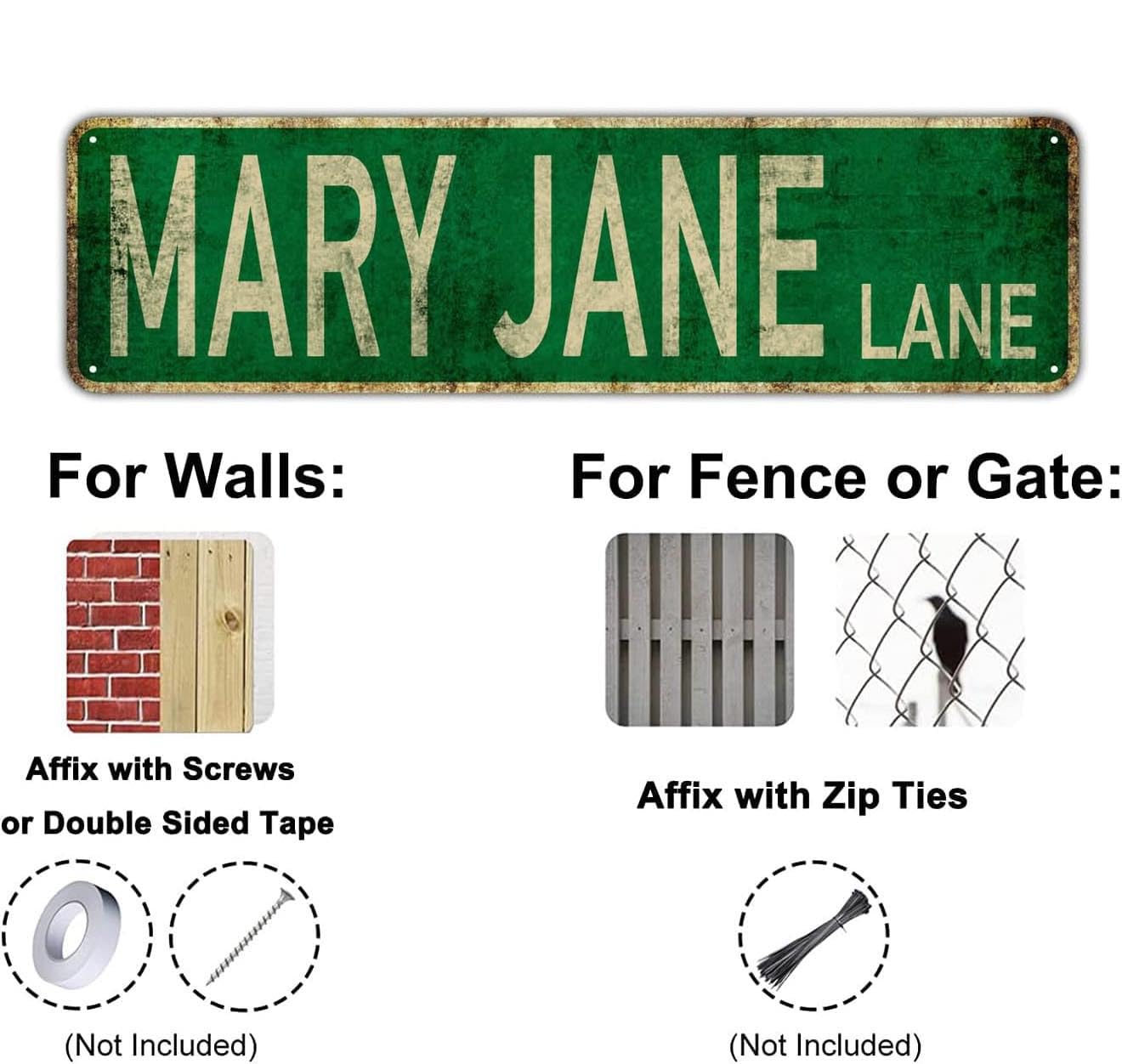 Mary Jane Lane Cartello Stradale Divertente In Metallo: 10x40 Cm, Decorazione Parete Rustica Vintage