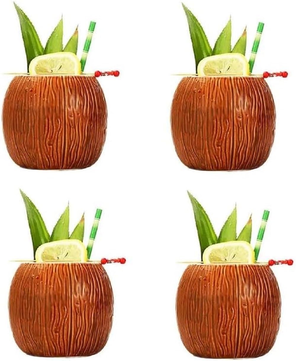 Set di 4 tazze Tiki in cocco di Cocktail Tikis, set di tazze ceramica Goblet inspirazione noce di cocco, bevande esotiche e tropicali hawaiane