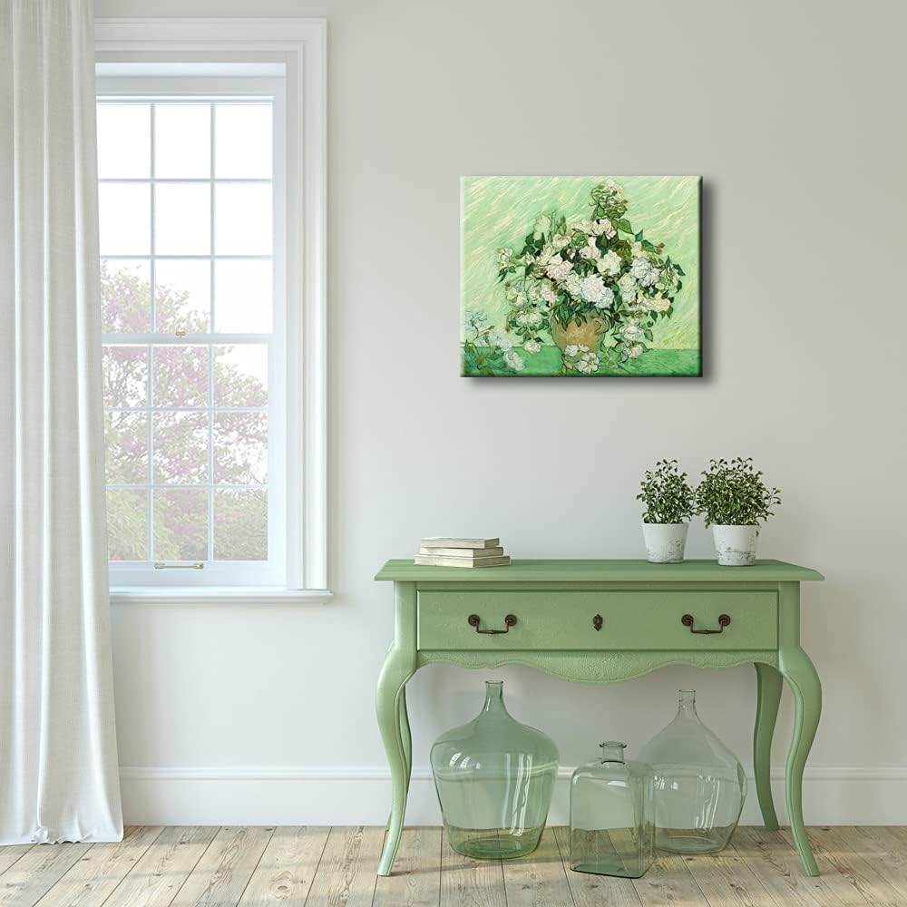 Wieco Art Large Vase with Pink Roses by Van Gogh Famous Oil Paintings Artwork Modern Stretched and Framed Canvas Prints Floral Pictures on Canvas Wall Art for Living Room Bedroom Home Decorations