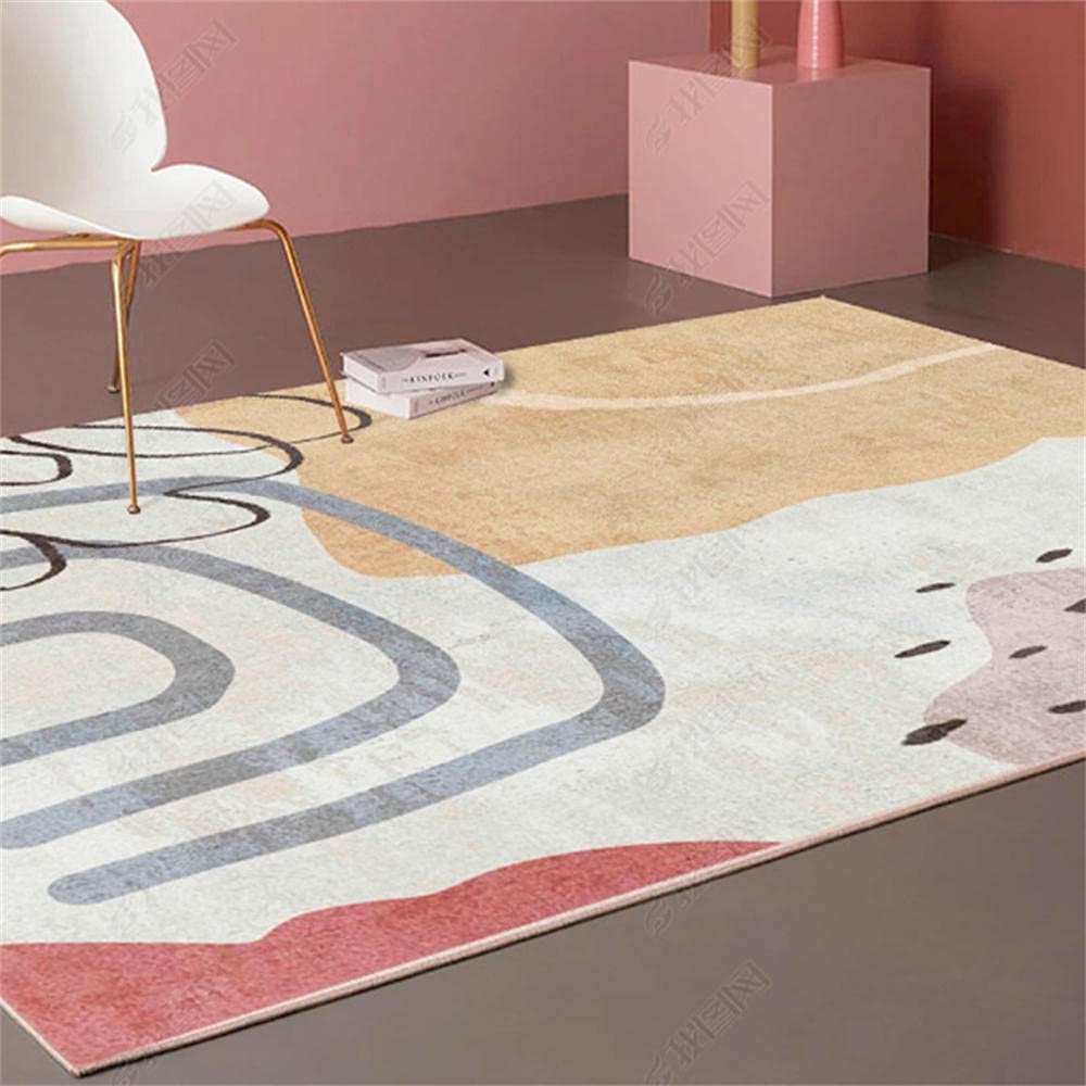 Tapis chambre graphique jaune rouge gris moderne de 140x200cm pour déco cocooning