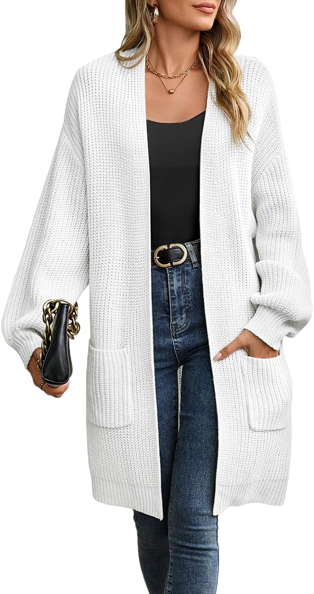 Womens Cardigan Sweaters Plus Size Fall Long Lantern Sleeve Chunky Open Front with Pockets(S-XL)