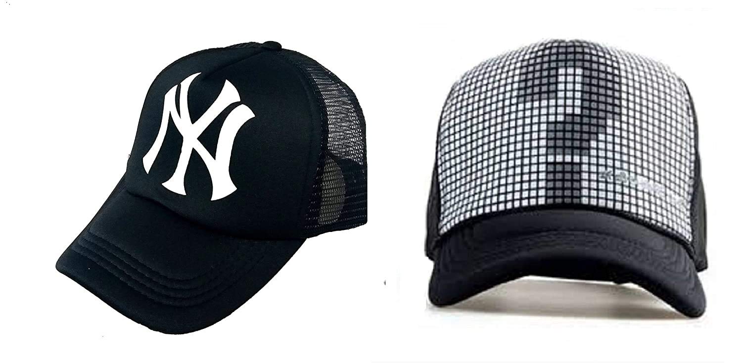 Men's & Women's NY Half Net Baseball Cap and Question Mark Half Mesh Cap Combo (Black)-(Pack of 02)