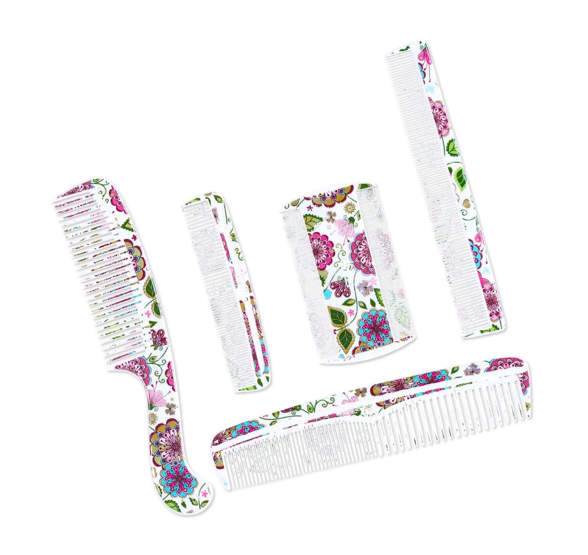 Zodiac Professional Hair Combs Set, 5 Pieces, Floral Design Pattern, White with Pink and Blue-picture-56