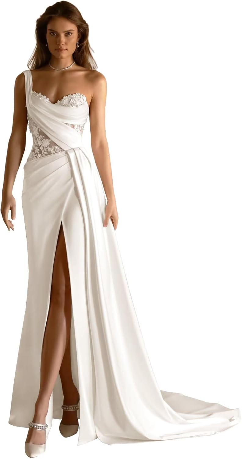 One Shoulder Satin Wedding Dresses for Bride Long Mermaid Slit 3D Flower Beach Boho Bride Gowns with Train