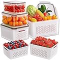 5-Pack Fruit Storage Containers for Fridge with Removable Colanders, 4 in 1 Produce Storage Containers with Lids, Leakproof Fridge Organizer Bins for Salad Berry Lettuce Vegetables Meat Keeper Fresh