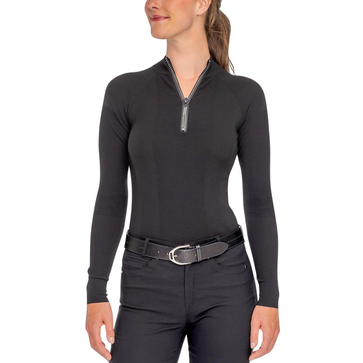Kastel Denmark Black Ribbed Knit Crystal Zip Mock Neck Sweater for Women Stretch Technical Pullover 9 Half Zip