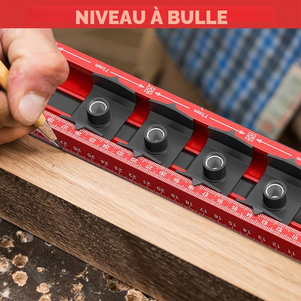 Gabarit de perçage pour électricien - Niveau à bulle de 40 cm - Avec 4 gabarits de perçage réglables - En aluminium avec double échelle pour trous précis, prises, suspension de photos
