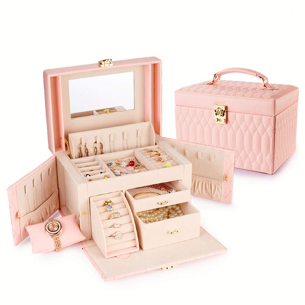 Joyero de Piel sintética con Forma de Vitrina, Color Liso, Gran Capacidad, con Espejo, versátil, Moderno, para Guardar Joyas, joyero para Mujer (Color: Rosa Desnudo)