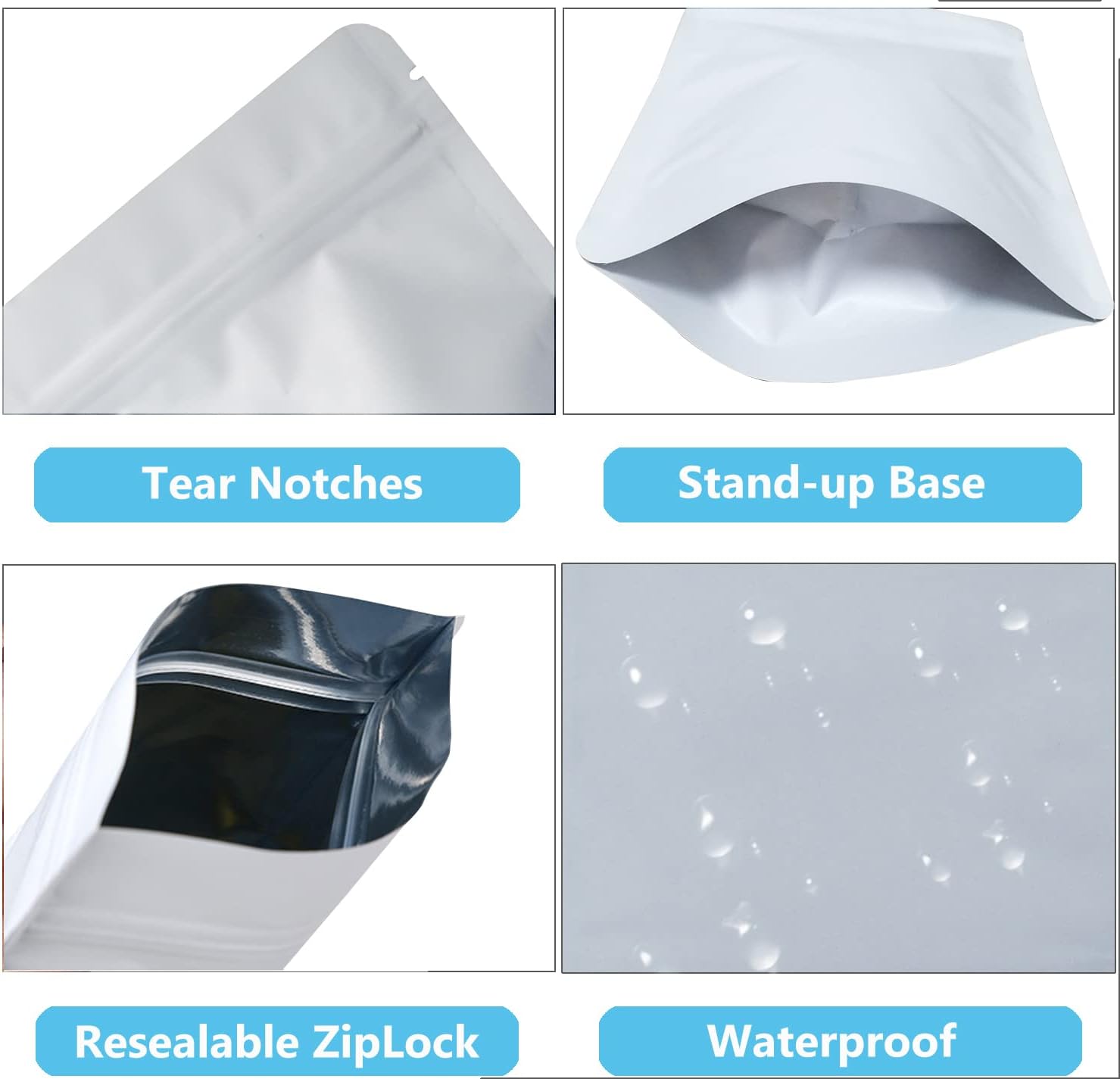 100 Pack Matte White Mylar Bags Stand Up - 4 x 6 Inches Resealable Mylar Ziplock Bags Food Storage Foil Pouch image 3