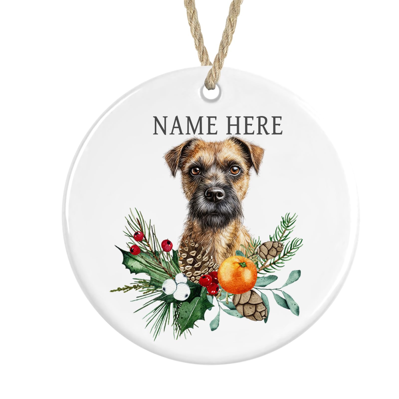 Personalised Border Terrier Ceramic, Christmas Tree Bauble Decoration
