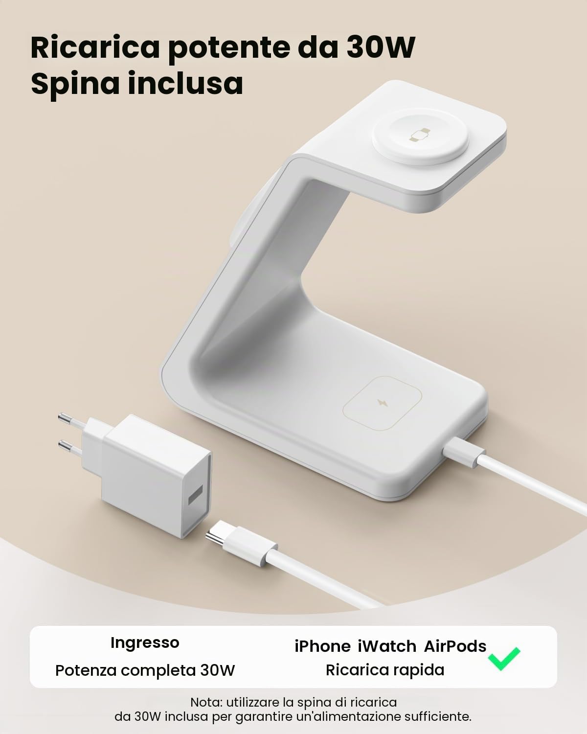 GEEKERA Certificato Stazione Ricarica per Apple, Caricatore Wireless Rapido 15W compatibile con Mag-Safe per iPhone Air/17-12, Stand Ricarica per Apple Watch, Base Carica per AirPods, Bianco e Grigio
