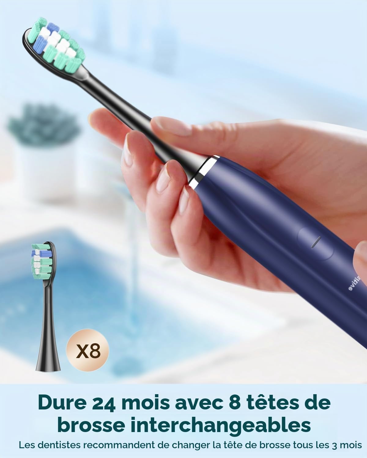 Brosse à dents électrique sonique pour adulte - Brosse à dents électrique à ultrasons avec étui de voyage et station de charge - Avec 8 têtes de brosse, 5 modes de brossage - 40 000 VPM