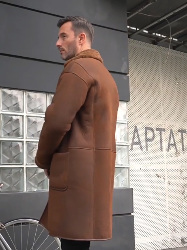 New Turkey Shearling Coat Mens Brown Leather Jacket Long Trench