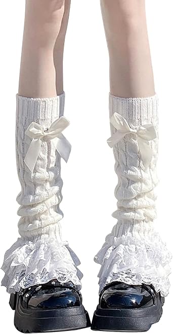 Leoparts Womens Knit Leg Warmers Y2K Bow Lace Trim Knee High Leg Sleeve Socks for Lolita Costume Party Accessory