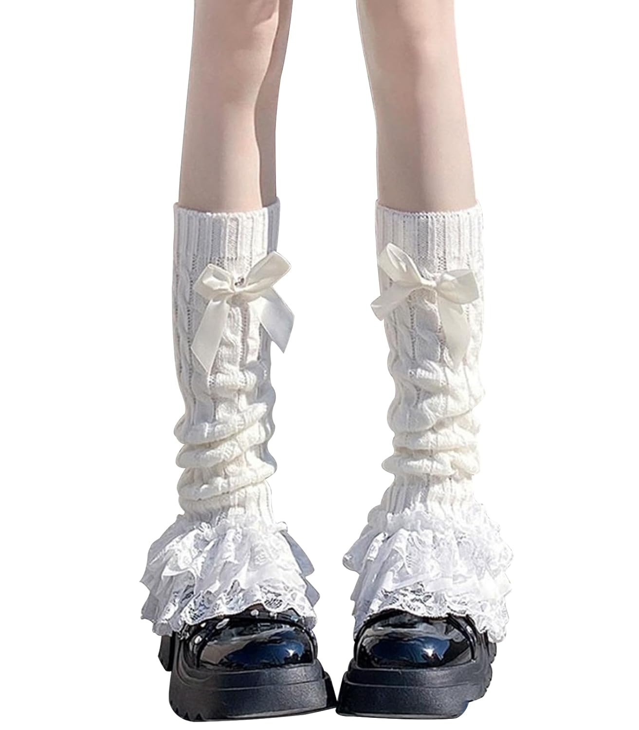 Leoparts Womens Knit Leg Warmers Y2K Bow Lace Trim Knee High Leg Sleeve Socks for Lolita Costume Party