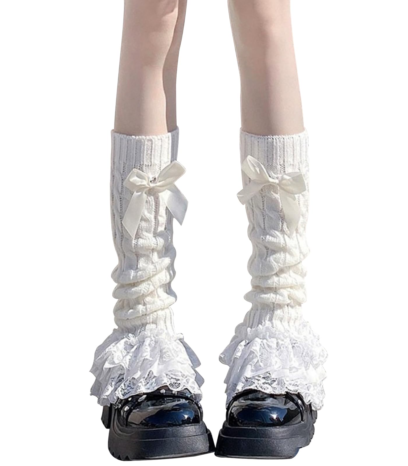 Leoparts Womens Knit Leg Warmers Y2K Bow Lace Trim Knee High Leg Sleeve Socks for Lolita Costume Party