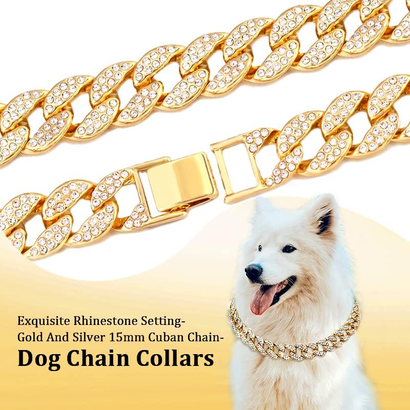 Miniatura 4 de Collar de cadena dorada para perro, con eslabones cubanos de diamante, duradero, para caminar al aire libre, con hebilla segura, cadena de oro para