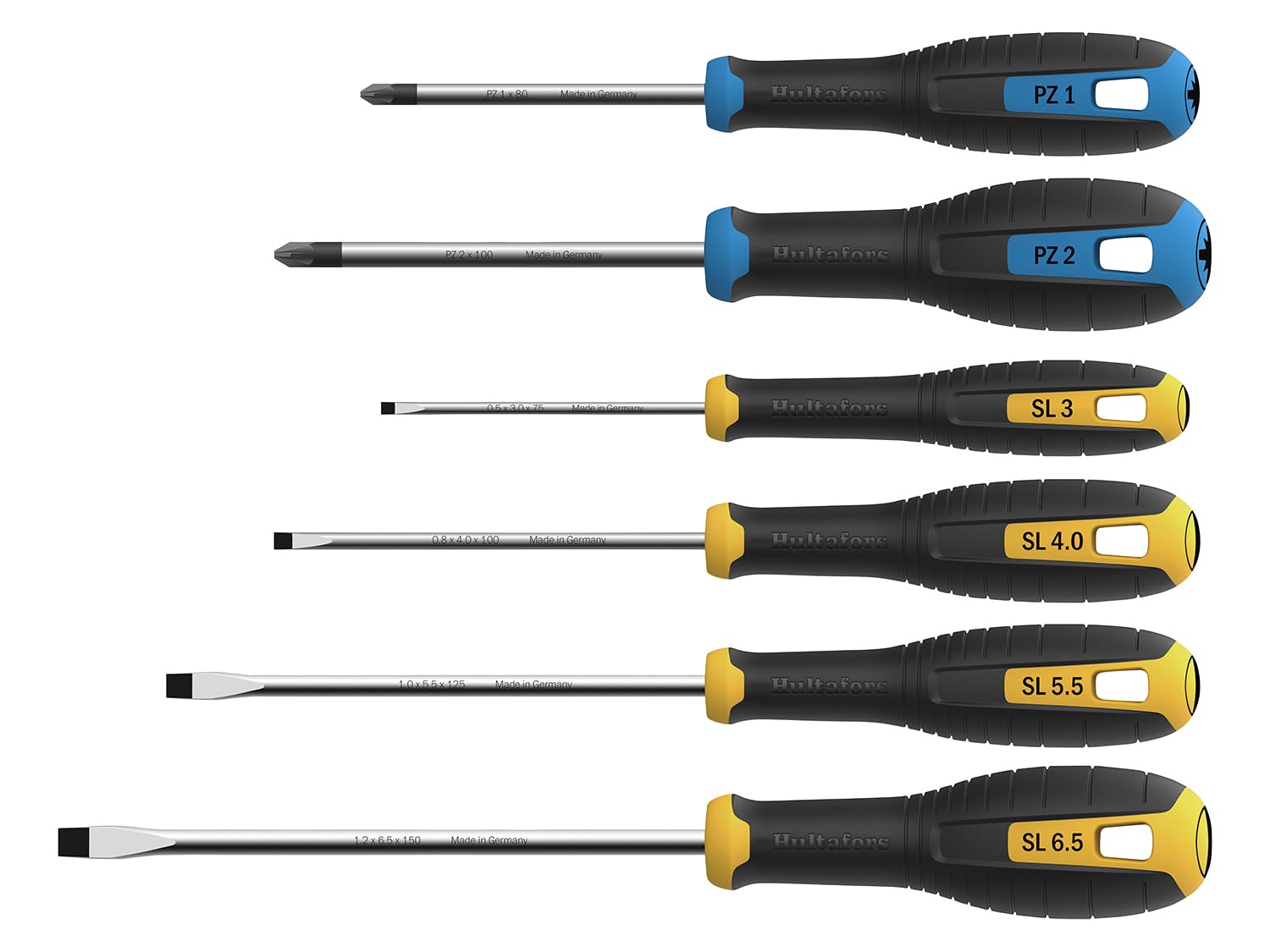 Hultafors Pozidriv & Slotted Screwdriver Set, 6 Piece, 2 x Pozidriv Screwdrivers: PZ1 x 80mm & PZ2 x 100mm