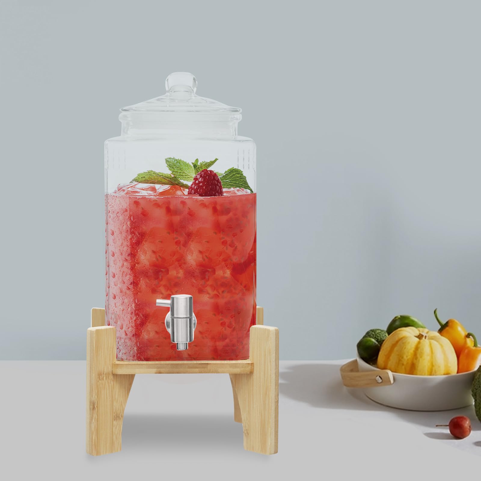 Dispensador de bebidas, recipiente de cristal con capacidad de 5 l, grifo de acero inoxidable 304, dispensador de mesa con soporte de madera para zumo, agua, té, leche para cocina, picnic, fiesta, bar