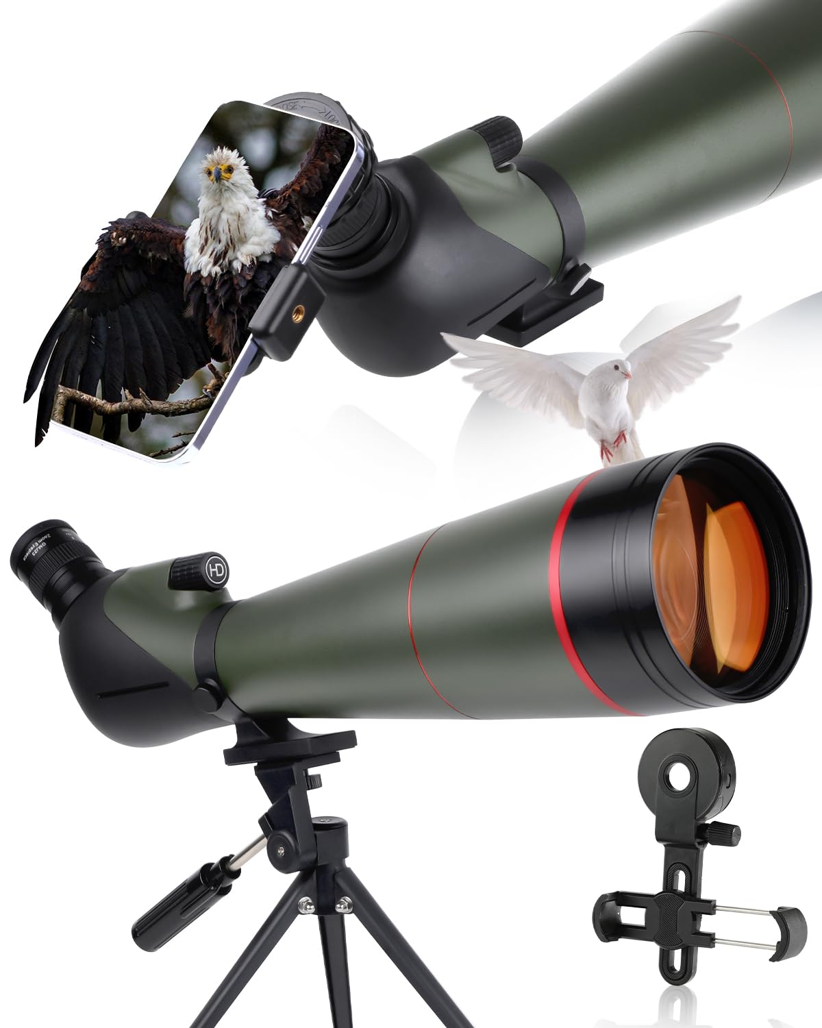 25-75 x 100 HD strzelanka sportowa z adapterem statywu i smartfona, Zoom Bak4 Prism FMC Lens 45-stopniowy teleskop do obserwacji ptaków, dzikiej przyrody, polowania, obserwacji dzikich zwierząt (100 g