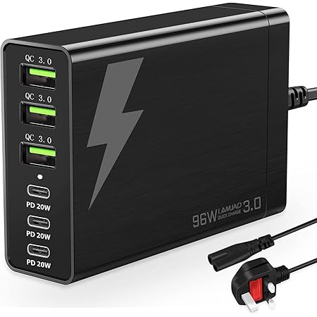 LAMJAD USB C Wall Charger Multiports,96W 6 Port USB C Charging Station,Portable Fast USB C Charging Hub PD Adapter 3 USB C and 3 QC USB A for All iPad, iPhone 13/12/11 Max Mini, Pixel Samsung Galaxy