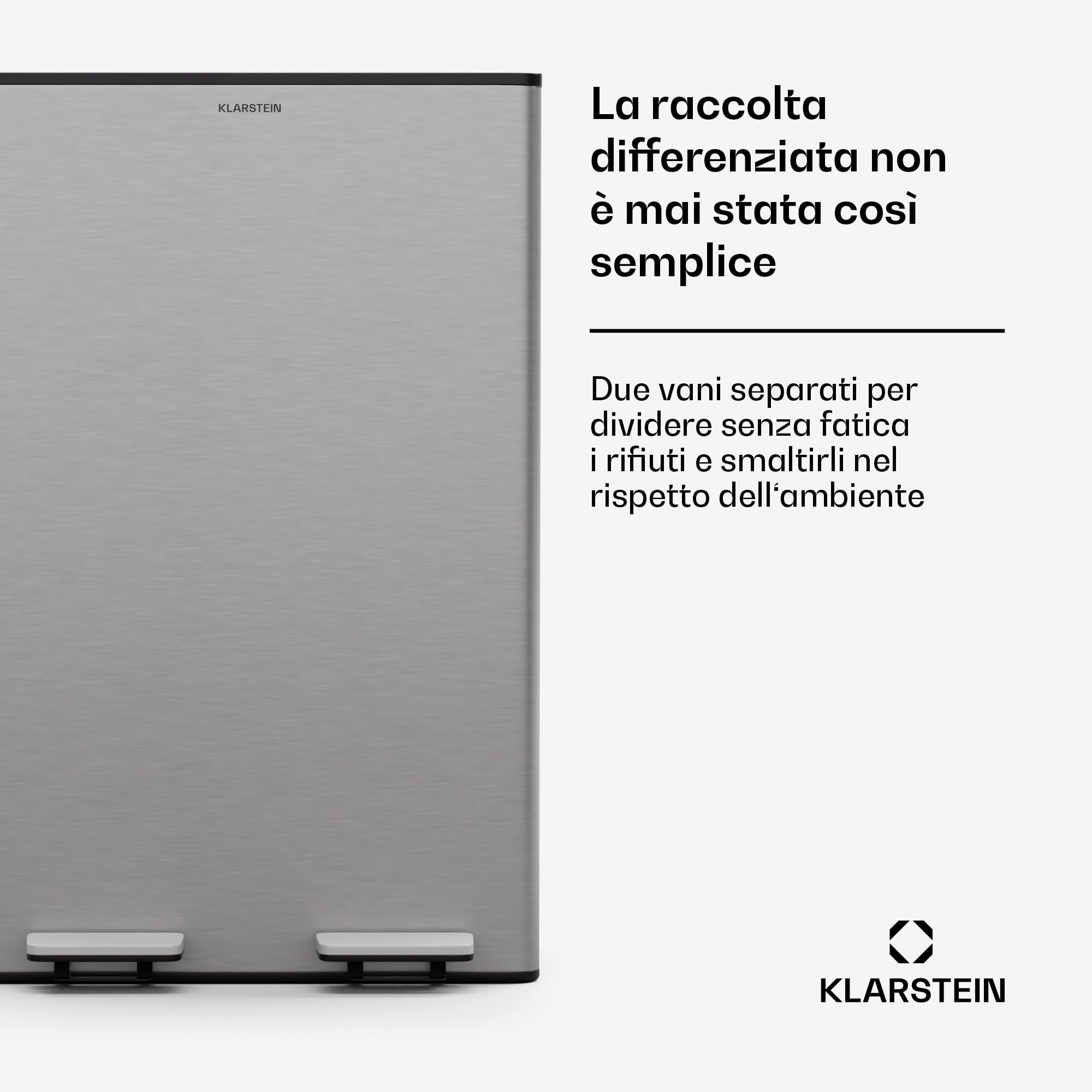 Klarstein - Moderno contenitore per rifiuti da cucina da 60 L (2x30 L) con comodo contenitore per compost estraibile da 3L, tecnologia soft-close-elegante contenitore per pannolini e rifiuti da cucina