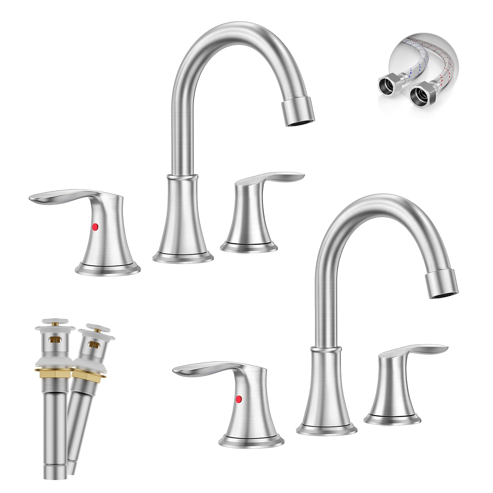 Rubinetto da bagno a tre fori da 8 pollici in nichel spazzolato, confezione da 2, rubinetto per lavabo da bagno in acciaio inox a due maniglie con piletta di scarico a scomparsa in metallo e tubi d