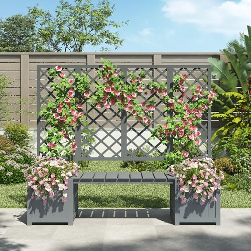 Pot de Jardin, Jardinière en Bois de Sapin Brun avec Treillis et Banc, Pot de Fleurs idéale pour Plantes Grimpantes, Terrasse ou Balcon, Gris