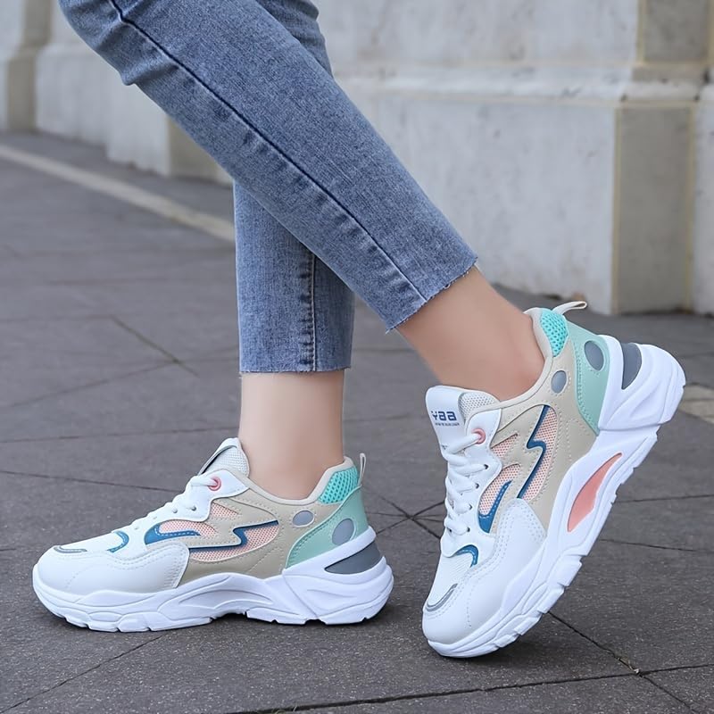 Women's Colorblock Mesh Sneakers, Lace Up Breathable Casual Sporty Trainers, Platform Low-top Running Shoes4
