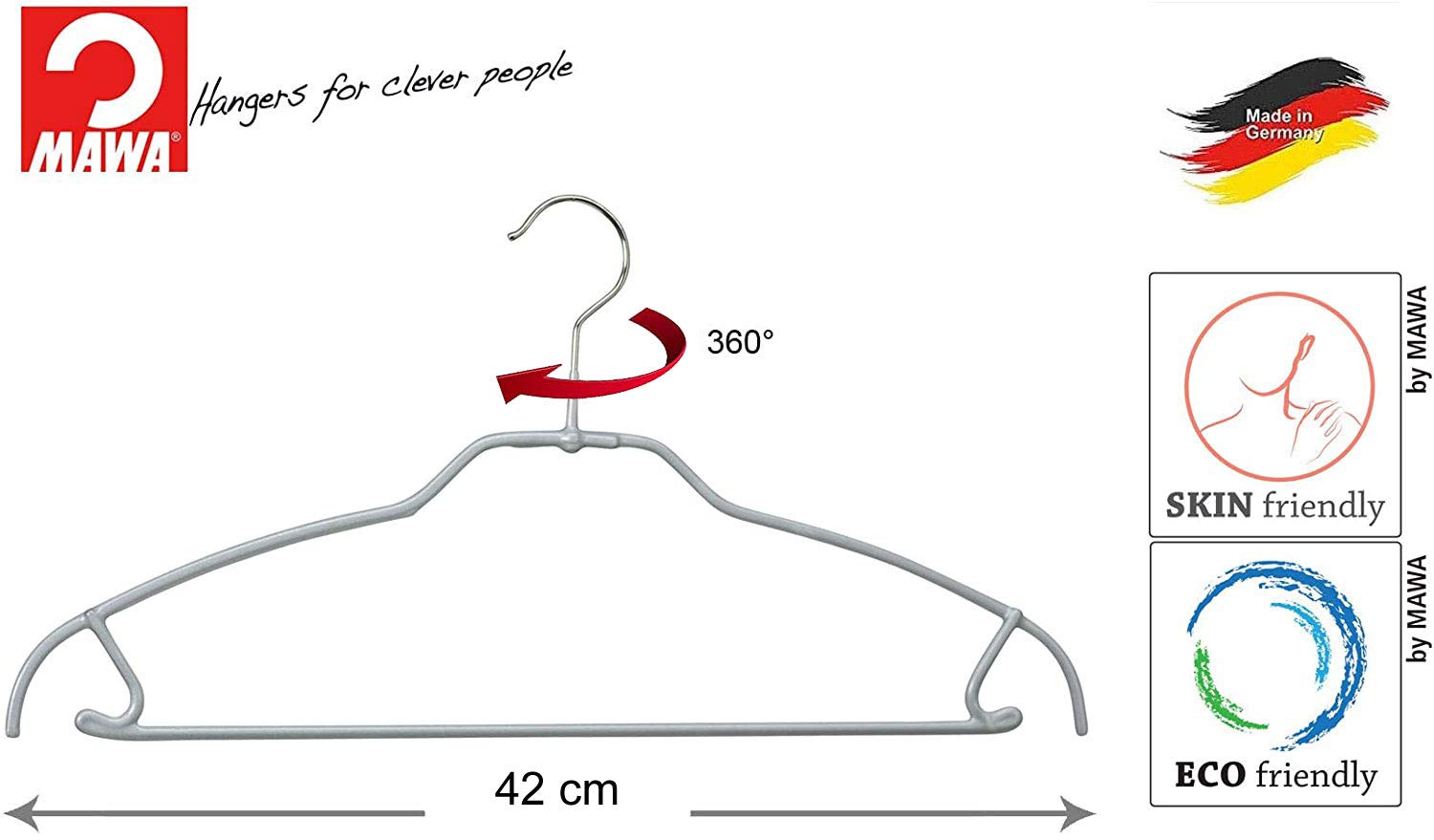 MAWA Silhouette Light FTU - Grucce universale sottili, risparmiano fino al 50% di spazio, 10 pezzi, adatte per completi, camicie, pantaloni e gonne, 360°, 42 cm, Argento
