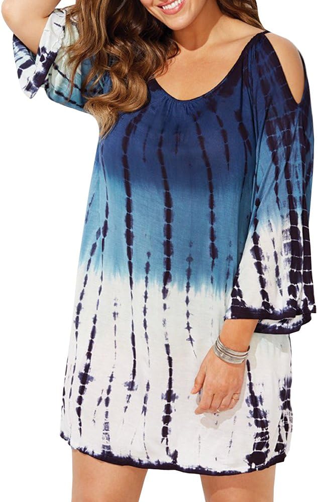 Geckatte Womens Plus Size Cover Up Dress Cold Shoulder Bathing Suit Beachwear Swimwear Gradient Blue