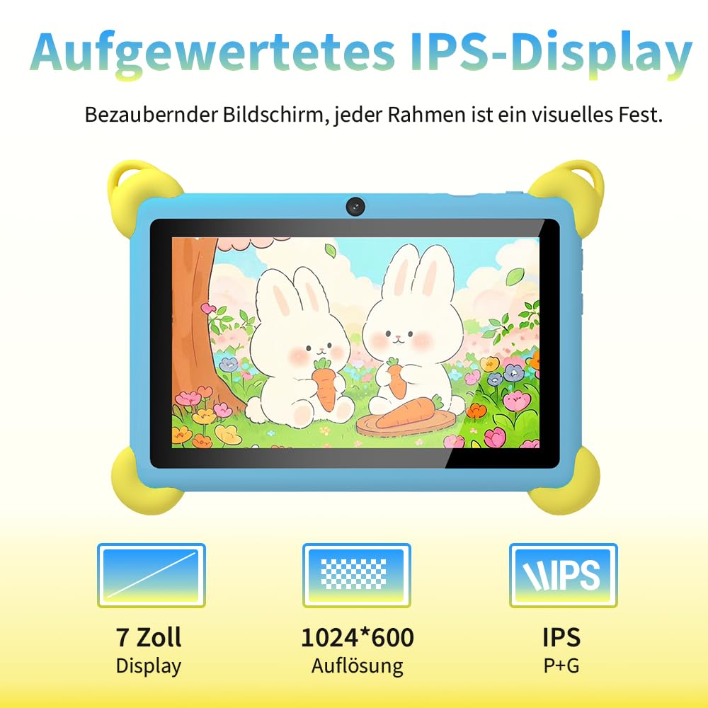 Veidoo 7-Zoll Android Kinder-Tablet, 2+32 GB, Dual-Kameras, stoßfeste Hülle, integriertes Hasen-Ständer-Design, Abnehmbarer Schultergurt, Quad-Core Prozessor, iwawaAPP, Elternkontrolle