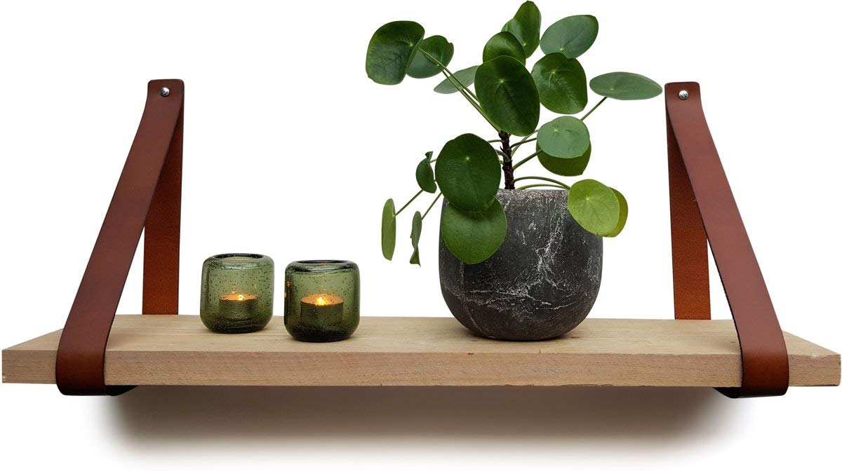 Brute StrengthLeather shelf brackets - Cognac - 6 pieces - Floating shelf set - Wall brackets - Shelf straps - Full grain leather