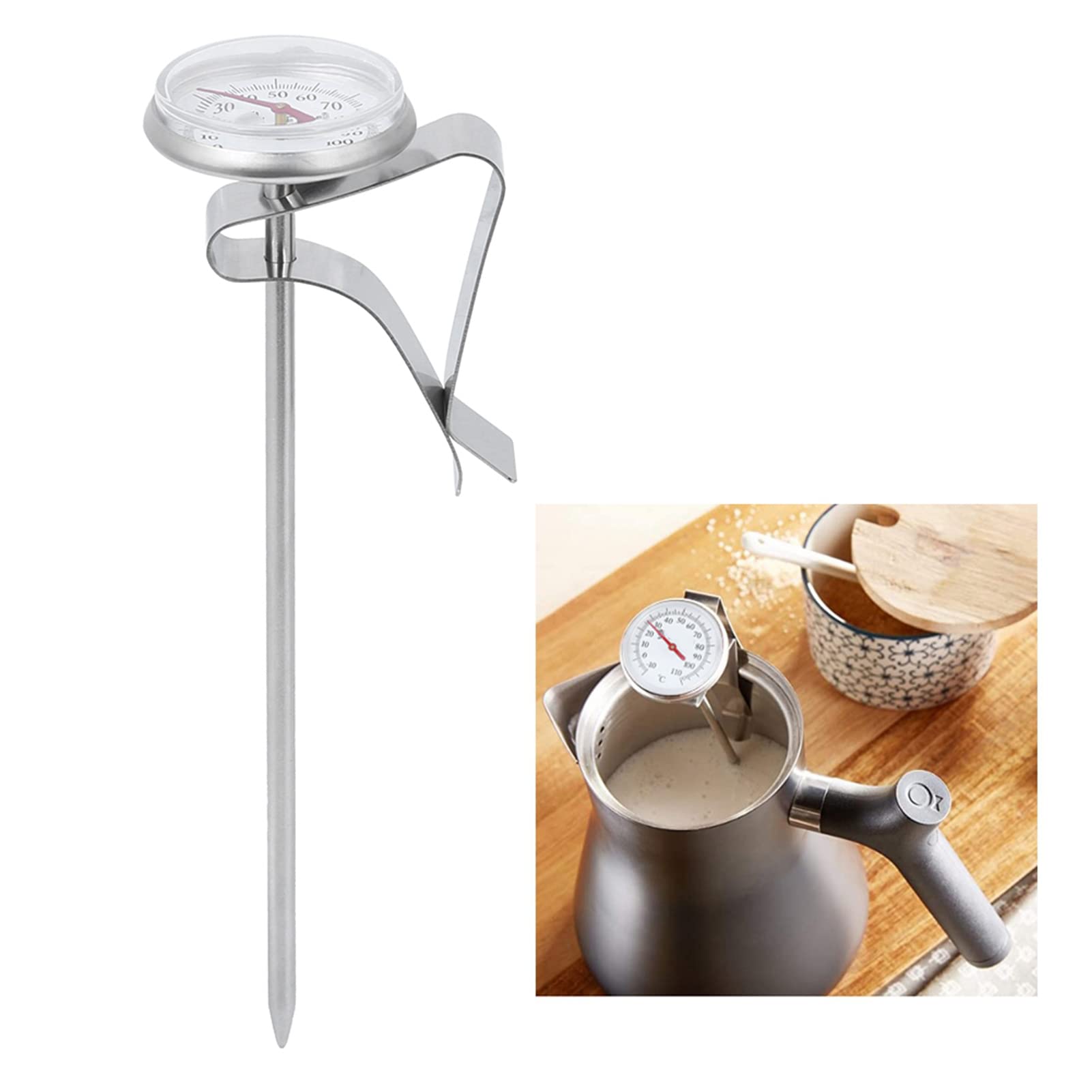 Hanging Coffee Thermometer with Clip, Intuitive Display, Stainless Steel, Fast Reading, Suitable for Coffee, Milk, Candy, BBQ (Short)