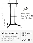 Roulements lourds TV Support pour les écrans 32-85" — Appui 187 Lbs (154 Lbs TV + 33 Tablette lbs), Stable Mobile TV Panier avec plateau de rangement & Roues de verrouillage, plancher TV Restez debout. Max VESA 600x400, noir