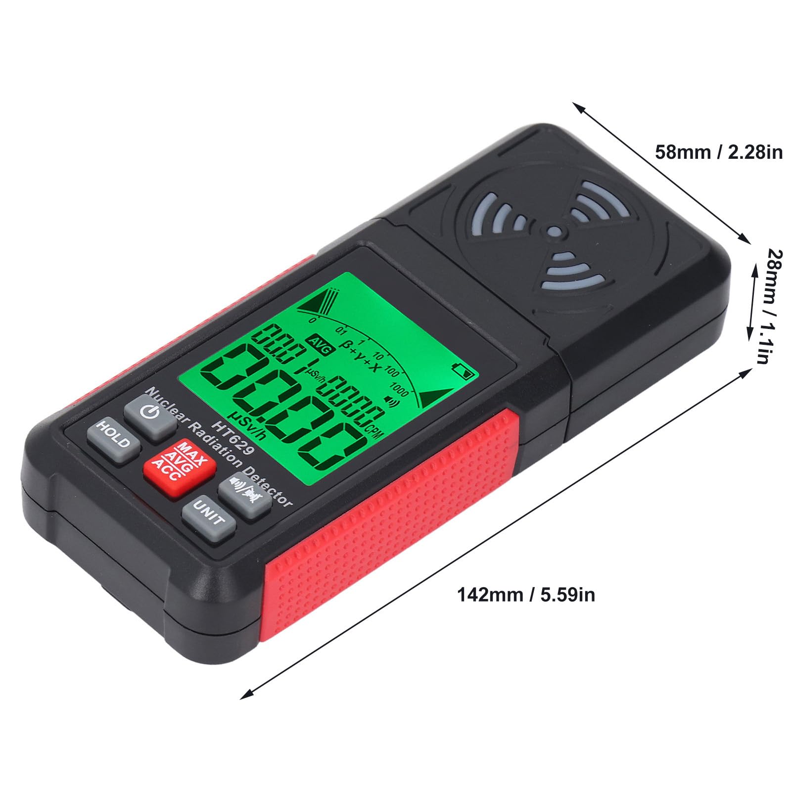 HT629 Detector de Radiación Nuclear Portátil Monitor Medidor Alta Sensibilidad 0.00μSv/h‑50000μSv/h Alarma de Luz Sonora Bajo Consumo de Energía para Inspecciones de Oficinas en