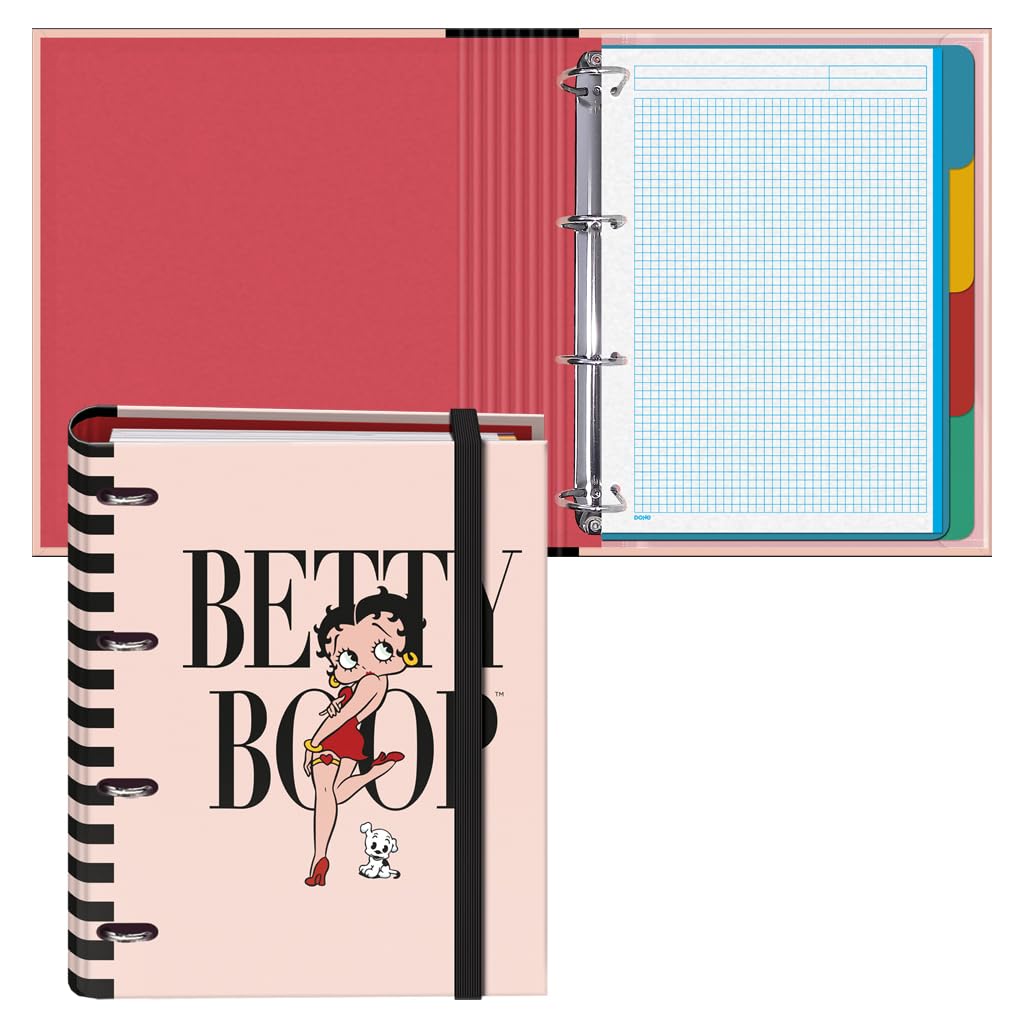 Dohe Betty Boop Ordner mit 4 Ringen, 100 Blatt, A4, Gummiverschluss, 4 farbige Trennblätter, Dokumententasche, Papier 90 g/m², Kompressor, Schulmaterial