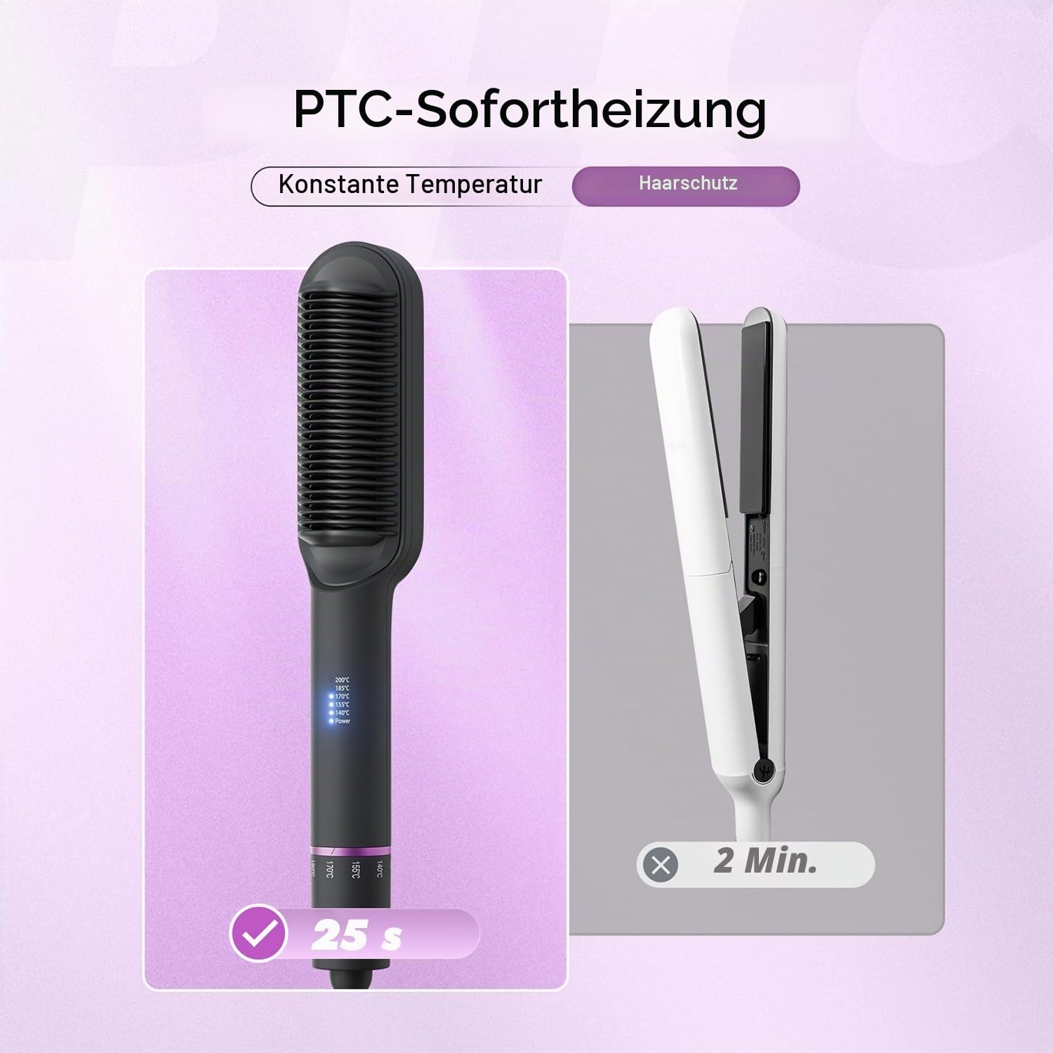 Haarglätter Bürste mit Keramik, Glättbürste mit 25s PTC-Heizung, 5 Temperaturstufen (140–200°C), Anti-Verbrühung, Heizbürste für schnelles Styling