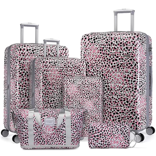 Image of LARVENDER Luggage Sets 6 Piece, Expandable Luggage Hardside PC+ABS Leopard Suitcase Sets with Spinner Wheels TSA Lock, Lightweight Rolling Suitcase for Men and Women, Leopard Pink