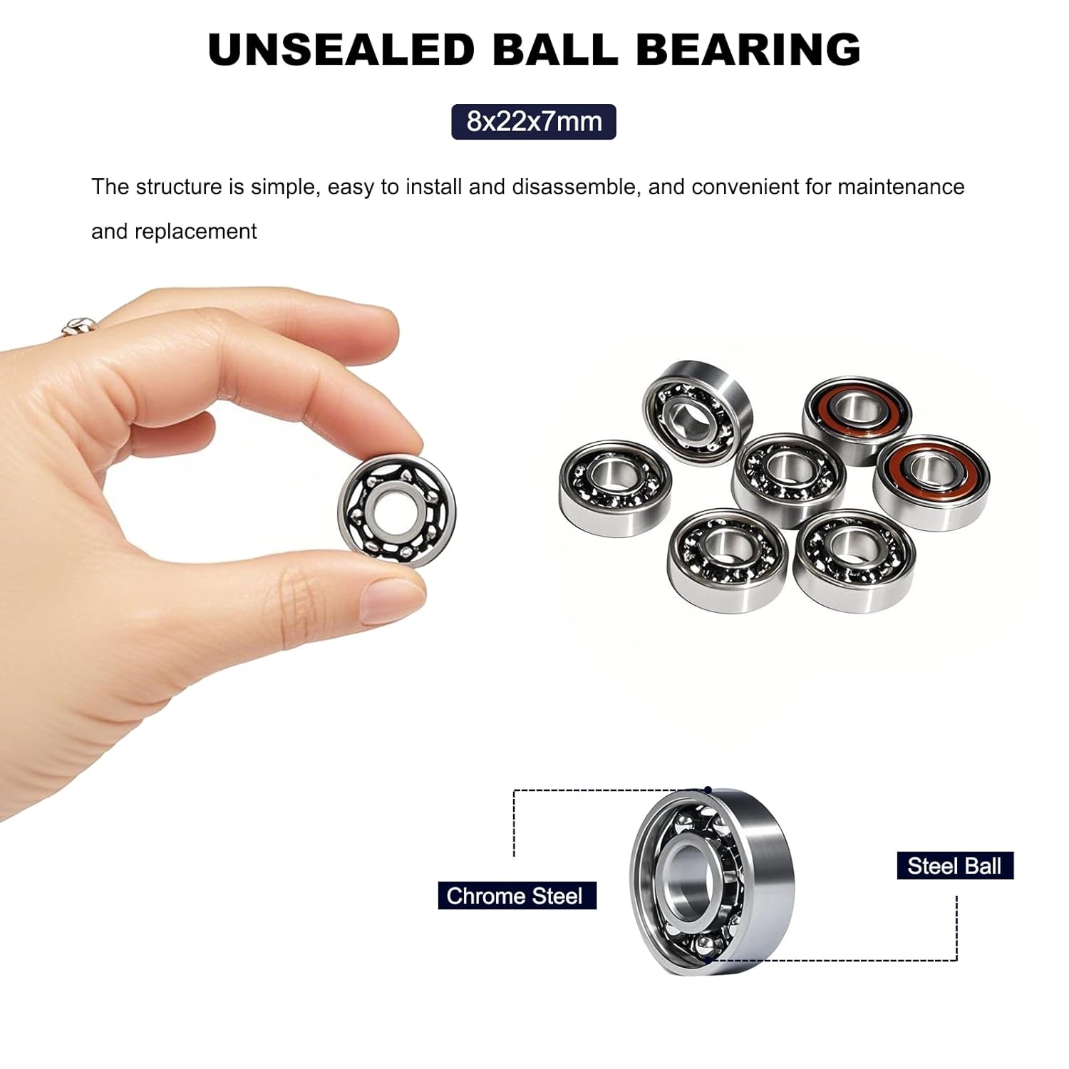 100 Pcs 608 Ball Bearings –High Precision Rating Fidget Spinner Bearing Miniature Deep Groove Ball Bearings (8mm x 22mm x 7mm)