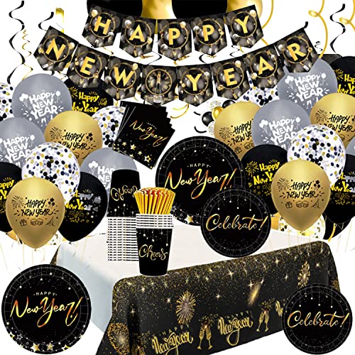 100pcs Decoration Nouvel An 2023,Vaisselle de fête de Nouvel 2023, Nouvel an 2023 Suspendus,Ballon Noir Confettis Or,Décoration de Table de Noël Anniversaire Bonne Année Cover
