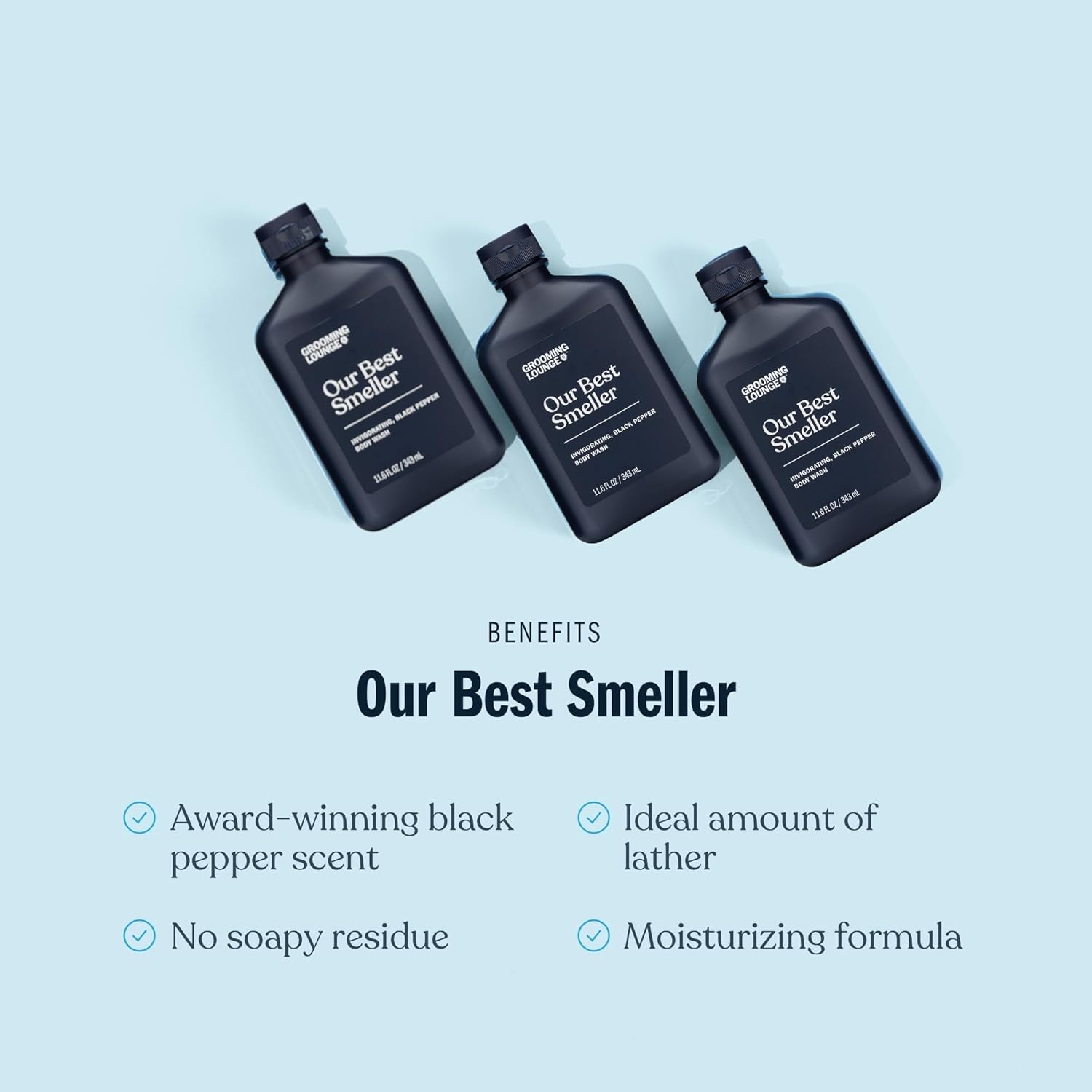 Grooming Lounge Our Best Smeller Body Wash - Moisturizing, Clarifying Foaming Shower Scrub - Fresh, Classic, Suave Fragrance of Acai, Aloe Vera, Seaweed, and Black Pepper - Dry Skin Defense - 11.5 oz